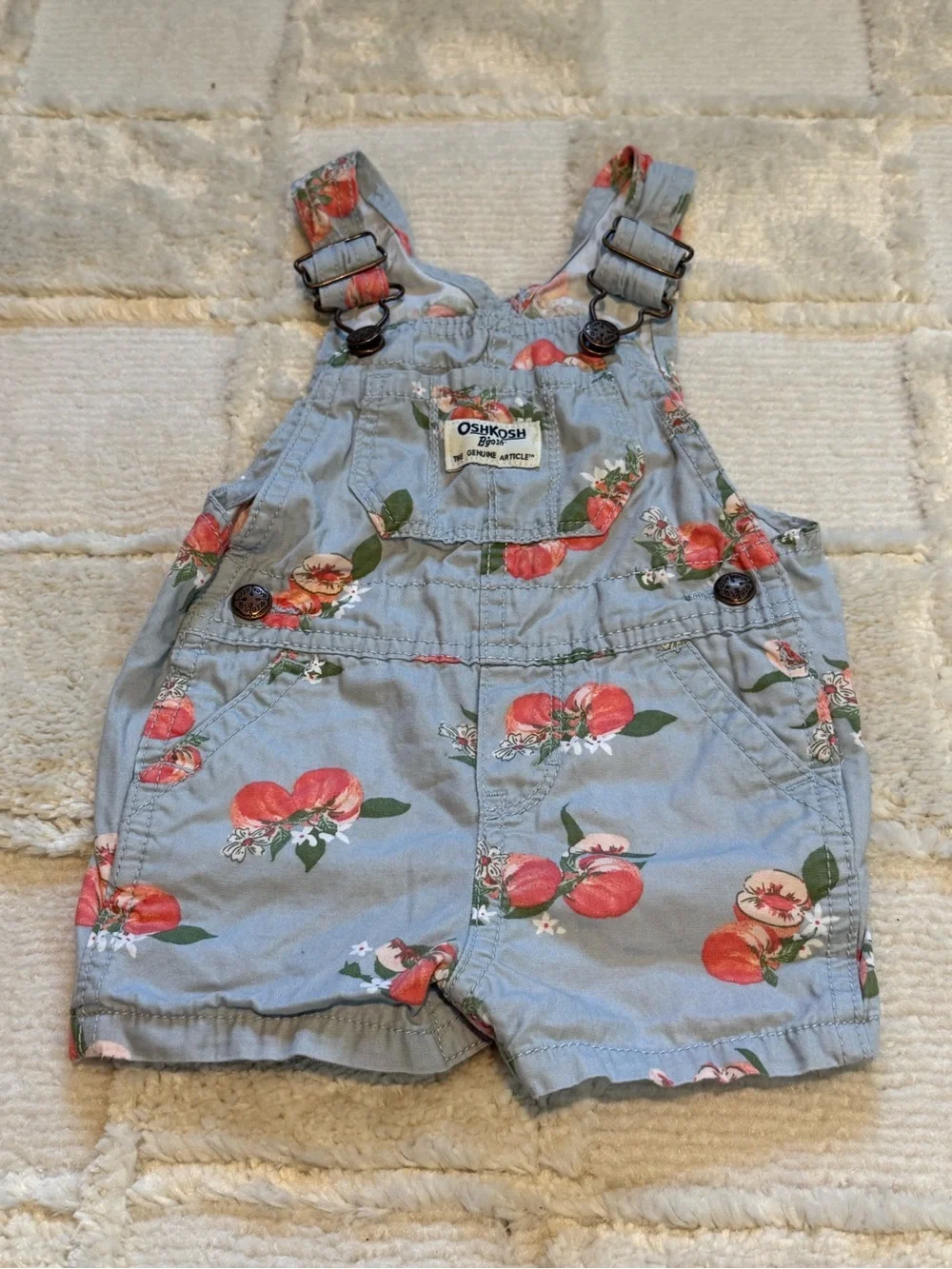OshKosh B'gosh Light Blue Floral Baby Overalls Shorts Size 9m 100% Cotton